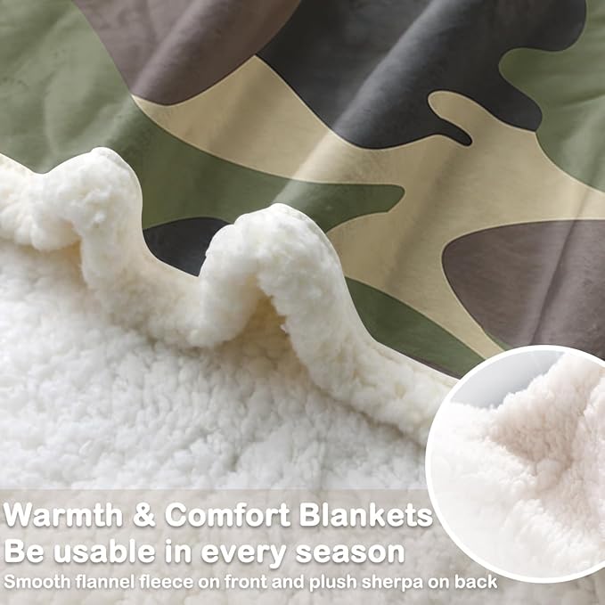 Sleepwish Green Camouflage Fleece Throw Blanket for Kids Boys Soft Brown Camo Camping Sherpa Blanket for Couch Chair Bed, Queen (90" X 90")