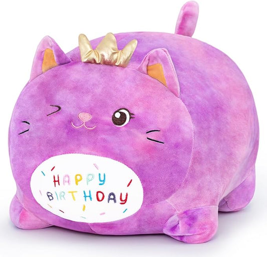 Birthday Cat Plush Pillow, Soft Purple Cat Stuffed Animal Toy (15.7inch)