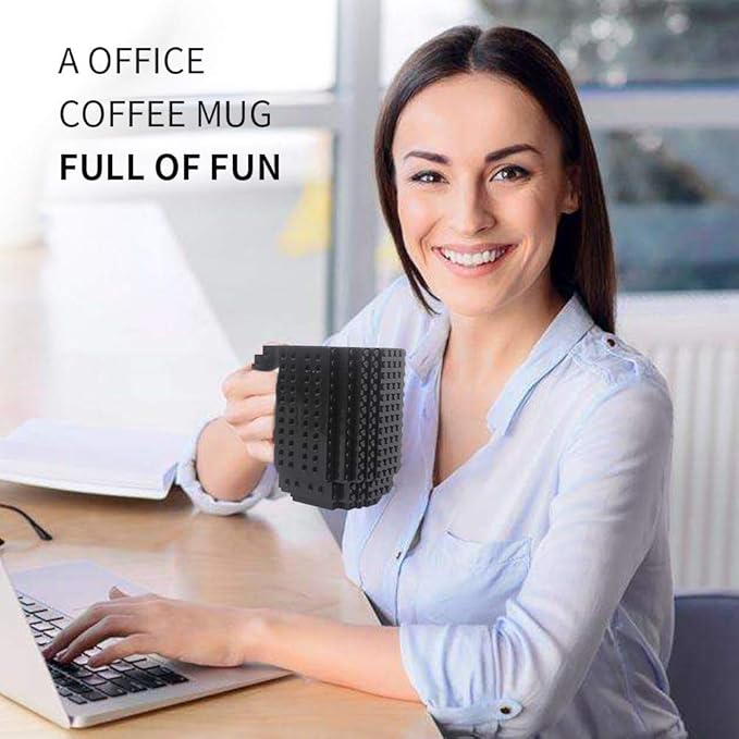 Build-on Brick Coffee Mug, Funny DIY Novelty Cup with Building Blocks Creative for Kids Men Women Xmas Birthday (Cool Black)