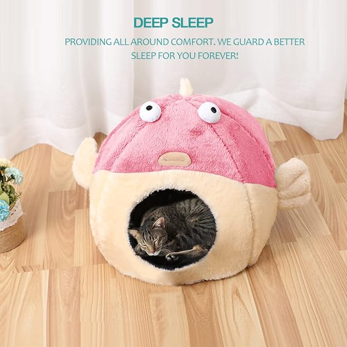 Cat Beds for Indoor Cats - Cat Bed Cave with Removable Washable Cushioned Pillow, Soft Plush Premium Cotton No Deformation Pet Bed, Lively Pufferfish Cat House Design, Pink, Multiple Sizes(L)