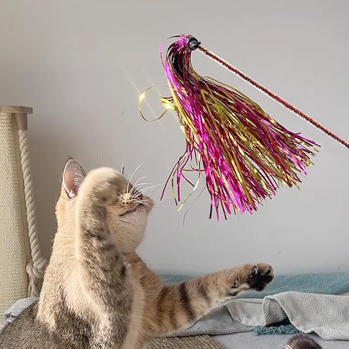 IUHKBH Cat Wands, 4 PCS Interactive Cat Teaser Wand with Long Tassel and Bell Cat Tassel Toys for All Breed Sizes