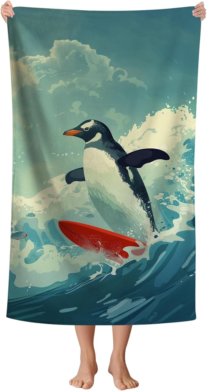 WZOMT Microfiber Penguin Beach Towel Oversized, Cute Penguin Surfing Ocean Animal Blue Bath Towels for Adults Kids, Soft Quick Dry Absorbent Sandproof Travel Swim Pool Towels 32x52 Inch