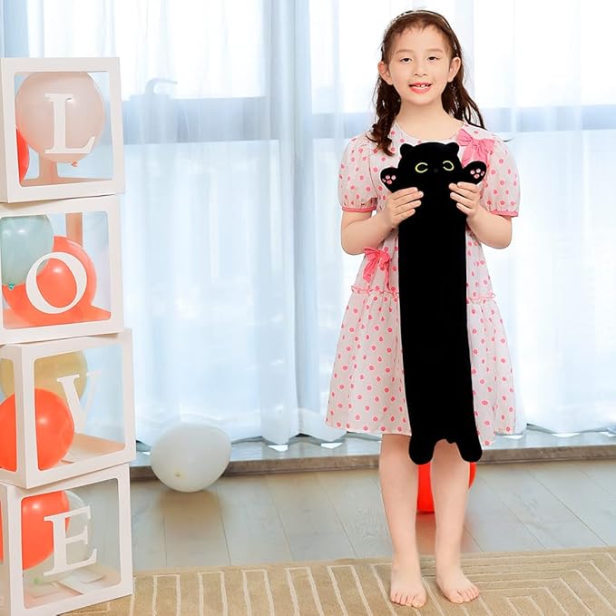 Soft Plush Cat Body Pillow, Long Stuffed Animal Toy Kitten Throw Pillow Gift for Kids, Girlfriend (70CM,Black)