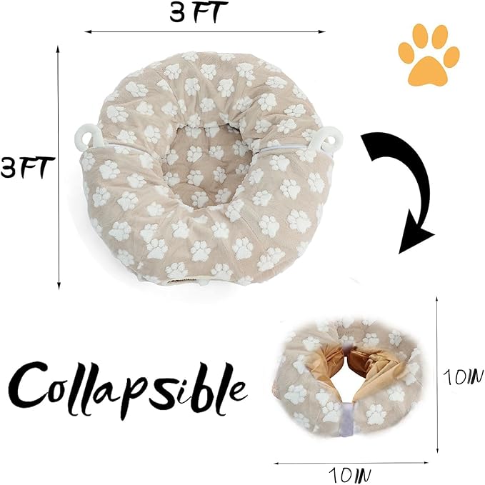 LUCKITTY Cat Tunnel Bed for Indoor Cats - Round Cat Tunnel Bed Donut Small Dog Bed Calming Pet Beds, Cute Modern Beds with Jacquard Shaggy Plush & Anti Slip Bottom, Khaki
