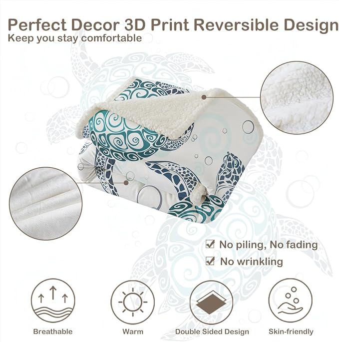 Sleepwish Sea Turtle Fleece Throw Blanket for Kids Soft Plush Aqua Blue Tortoise Sherpa Blanket for Couch Sofa Gift for Turtle Lovers, Throw (50" X 60")