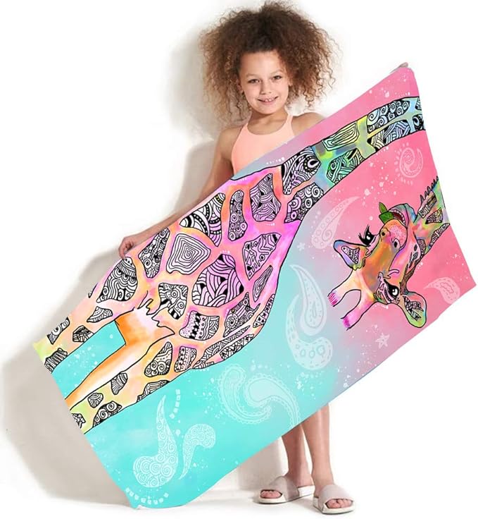 Bonsai Tree Giraffe Beach Towel, Cute Funny Teal Pink Mandala Giraffe Microfiber Bath Towel Gifts for Kids Women, Colorful Abstract Trippy Sand Free Quick Dry Travel Towels for Yoga Sports 30" x 60"