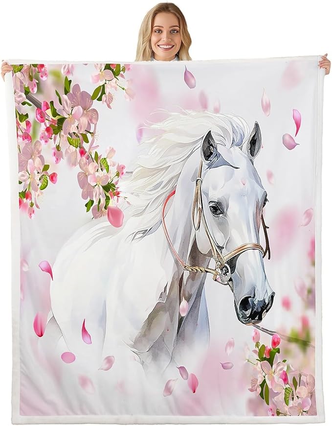 Feelyou White Horse Throw Blanket Girls Pink Floral Farmhorse Fleece Blanket Kids Adults Wild Animal Design Sherpa Blanket for Bed Sofa Chair Bedroom Decor Wildlife Plush BlanketKing 87"x95"