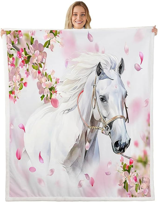 Feelyou White Horse Throw Blanket Girls Pink Floral Farmhorse Fleece Blanket Kids Adults Wild Animal Design Sherpa Blanket for Bed Sofa Chair Bedroom Decor Wildlife Plush BlanketKing 87"x95"