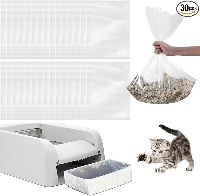 30 Pack Cat Litter Bags,No-Touch Kitty Litter Liners & Pet Waste Bags Compatible with Petsafe Self-Cleaning Cat Litter Box,Replacement Trash Pet Litter Bags