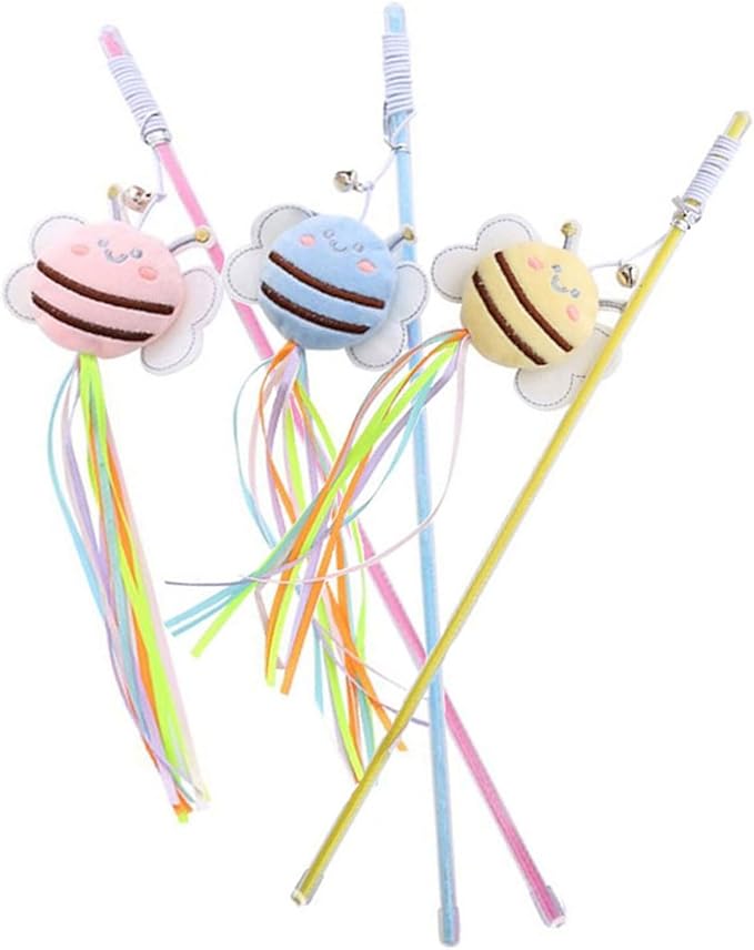 3 Pcs Cat Teaser Wand, Cute Bee Fishing Teasing Stick for Little Cat Funny Kitten Interactive Playing Toy Plush Cat Training Tool Indoor Pet Supplies