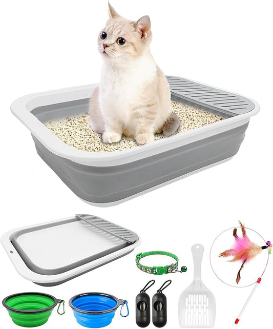 BNOSDM 8 Pcs Small Kitten Collapsible Litter Box Low Entry for Travel Set, Litter Boxes for Senior Cats, Foldable Cat Toilet, Open Small Litter Pan for Kittens (Grey)