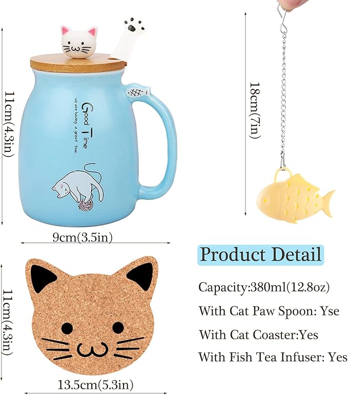 BigNoseDeer Cute Mugs Kawaii Cat Mug Ceramic Coffee Mug Tea Cup with Infuser and Lid Spoon Tea Mug Cute Cool Preppy Stuff Gifts for Women (Blue 13oz)