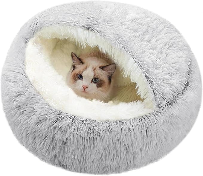 Cat Bed,Calming Self Warming Kitten Bed,Round Hooded Cat Bed Cave Indoor Cat Puppy Sleeping Faux Fur Warm Soft Plush Donut Cuddler Pet Bed,Non-Slip Bottom Cat Cushion,Machine Washable