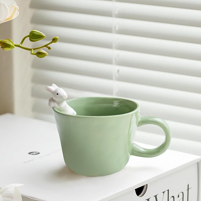 BigNoseDeer Cute Easter Bunny Mugs with 3D Rabbit Inside Kawaii Ceramic Rabbit Coffee Mug with Spoon Cute Gifts Easter Gifts Gag Gifts for Women White Elephant Gifts for Adults 12oz (Green)