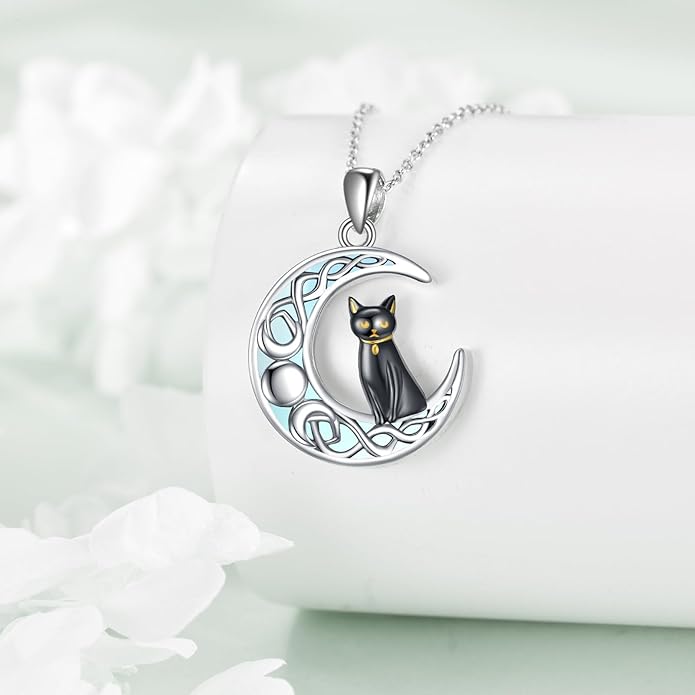 Black Cat Necklace Moonstone Sterling Silver Cats Moon Necklace Gothic Witch Black Cat Jewelry Gifts for Cat Lovers Women