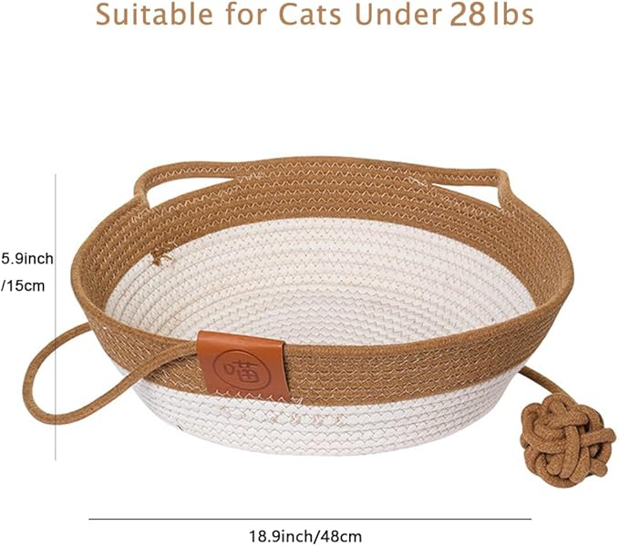 Handwoven Cotton Rope Cat Bed Cat Hammock Foldable Sleeping Nest Basket Handmade Natural Cradle Scratcher Cuddler for Kitten Cute Style with a Playing Rope Ball Large Brown