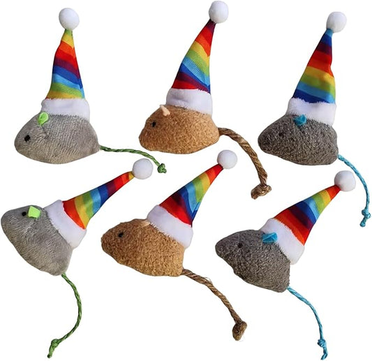 6-Pack Christmas Catnip Cat Mice Toys with Rainbow Santa Hats Interactive Cat Toys for Indoor Cats Kittens, Christmas Thanksgiving Cat Toy Gift