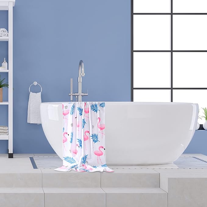 LIVILAN Flamingo Beach Towel, 30" x 60" Oversized, Lightweight Microfiber, Quick Dry, Sand Free, Perfect for Pool, Swim, Bath, Cute White Chalk Paint Design, Ideal Flamingo Gifts