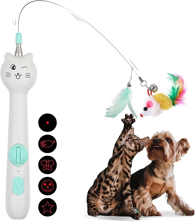 Cat Toys for Indoor Cats Retractable Cat Wand, with Feather & Mice, 3-in-1 Laser Pointer Interactive Cat Toy, 5 Modes, Kitten Toy for Indoor Cat and Dog (Green)