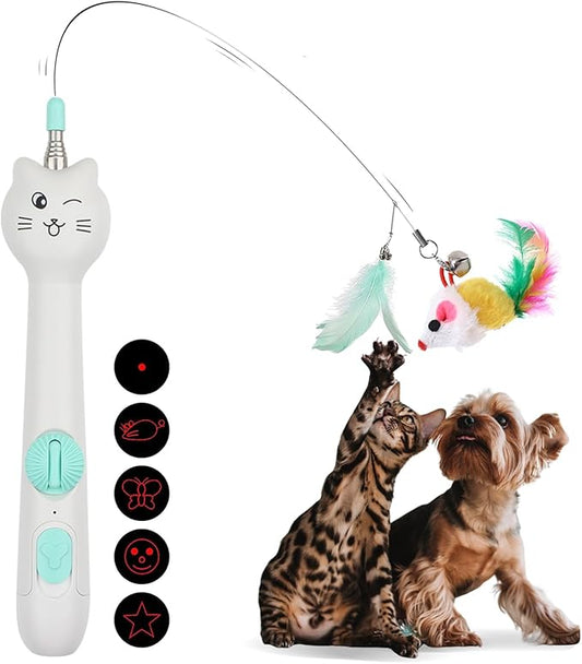 Cat Toys for Indoor Cats Retractable Cat Wand, with Feather & Mice, 3-in-1 Laser Pointer Interactive Cat Toy, 5 Modes, Kitten Toy for Indoor Cat and Dog (Green)