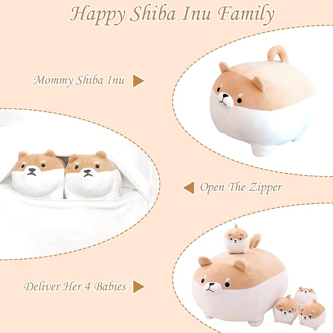 Shiba Inu Plush Kawaii Corgi Stuffed Animals with 4 Baby Corgi Plushies in Her Tummy, Soft Cotton Dog Plush Animal Pillow Gifts for Kids Boys and Girls