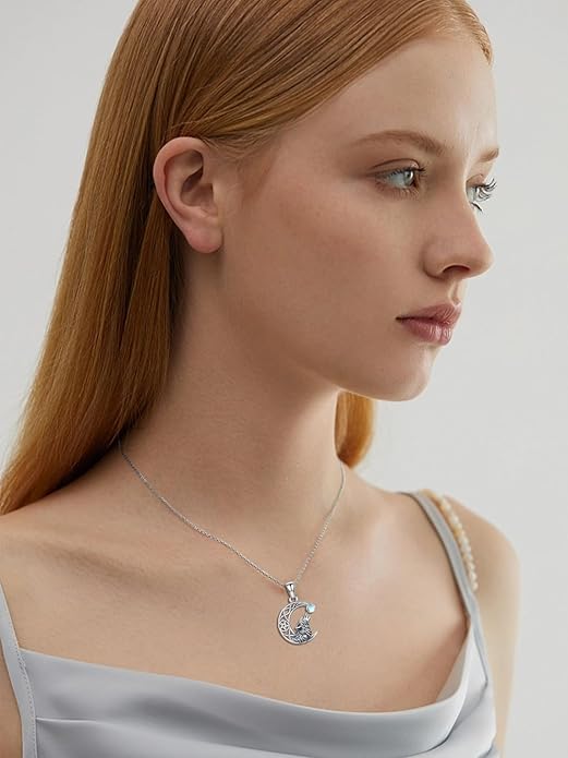 Black Cat/Dragon/Fox/Wolf Necklace 925 Sterling Silver Celtic Moon Pentagram Pendant Gothic Jewelry Goth Halloween Gifts for Women