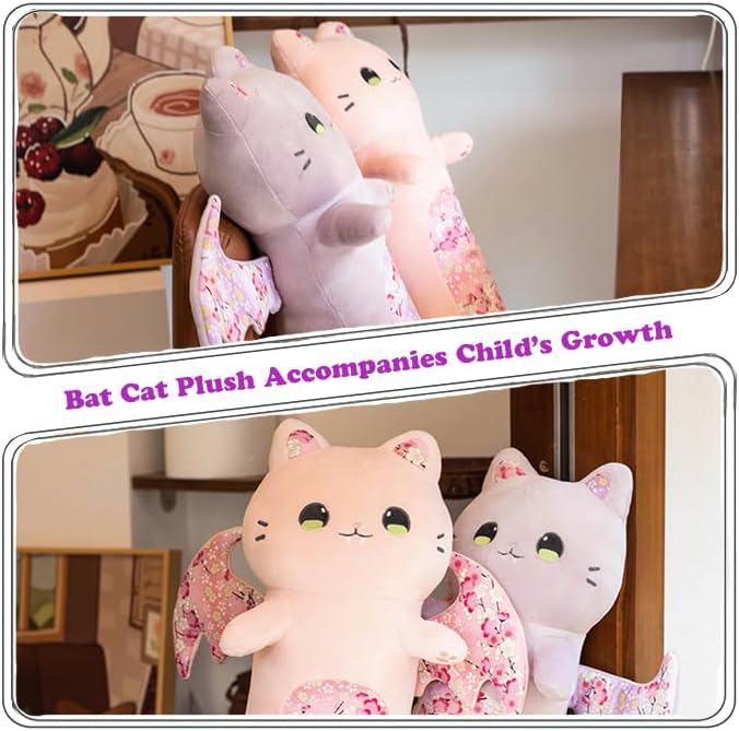 ELAINREN Long Bat Cat Plush Body Pillow Crazy Stuffed Purple Cat with Wings Halloween Large Bat Cat Plushie Toy Gifts/23.6''