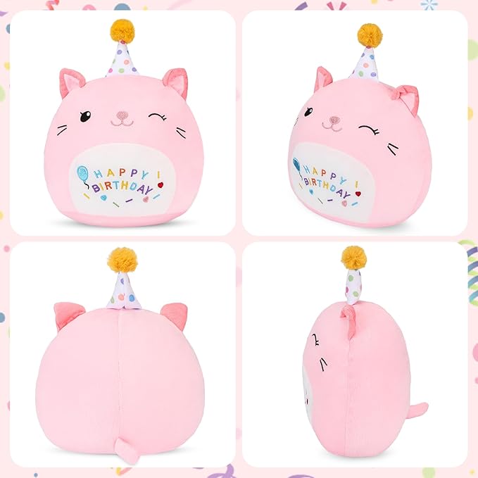 Cat Plush Toy Birthday Decor Pink Cat Plushies Pillow Cat Stuffed Animal Soft Plushie Gifts for Girlfriend Kids Girls Boys 13.7”(Large Cat Plush)