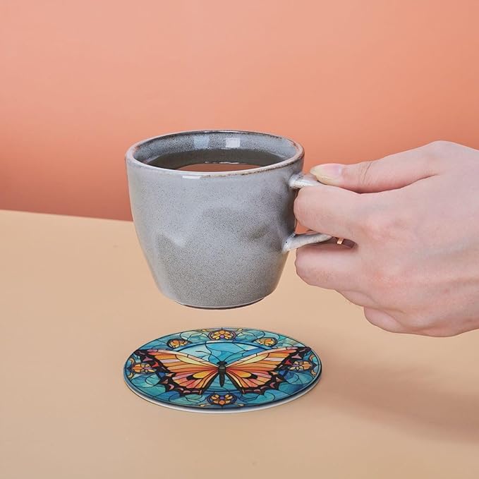 Butterfly Drink Coaster Set of 6, Butterfly Decor Gifts, Leather Drink Coasters with Holder, 6 Pack Cup/Bar/Drink Coasters for Table/Drinks/Coffee Protection Housewarming Gift (Butterfly)