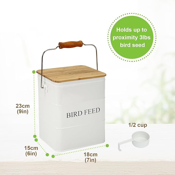 Bird Seeds storage container, Metal food tin for Birds, pet snacks Canisters with wooden lid/handle/sevice scoop,hold 5-6 lbs