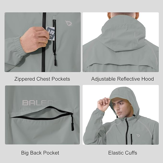 baleaf Men's Rain Jacket Waterproof Windbreaker Running Cycling Golf Hiking Gear Hood Lightweight Reflective Packable