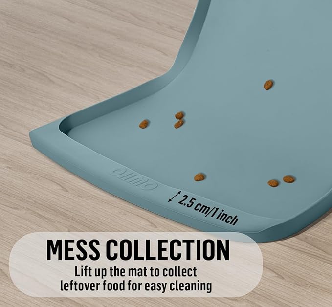 OHMO Dog Food Mat(Light Blue, 24 * 15'') w/Residue Collection Pocket Silicone Pet Feeding Mat for Floor High Edges Anti Spills Waterproof Cat Water Bowl Tray, Easy Clean Placemat