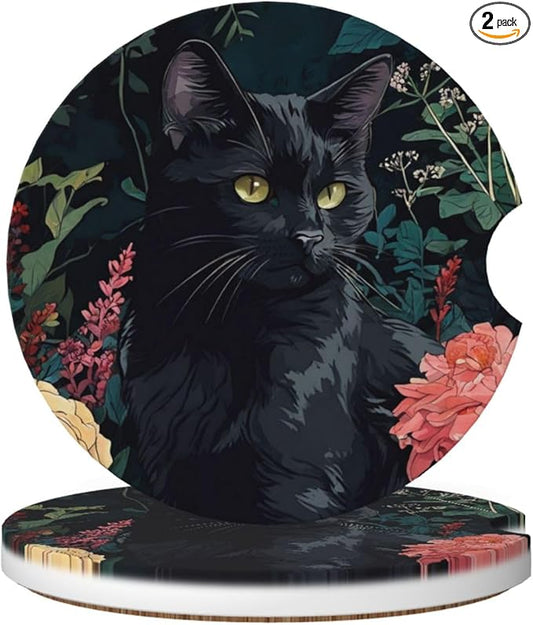 Absorbent Ceramic Car Coasters for Cup Holders, Vintage Flower Black Cat Design 2.56" Anti Slip Universal Drink Cup Coasters for Women Men (2 Pack)