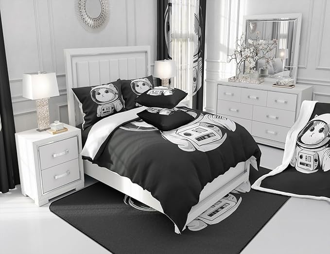 Astro-cat Sherpa Blanket Cute Pet Cats Fleece Throw Blanket for Sofa Couch Bed Decor Animals Universe Explore Plush Blanket Black White Fuzzy Blanket Throw 50"x60"