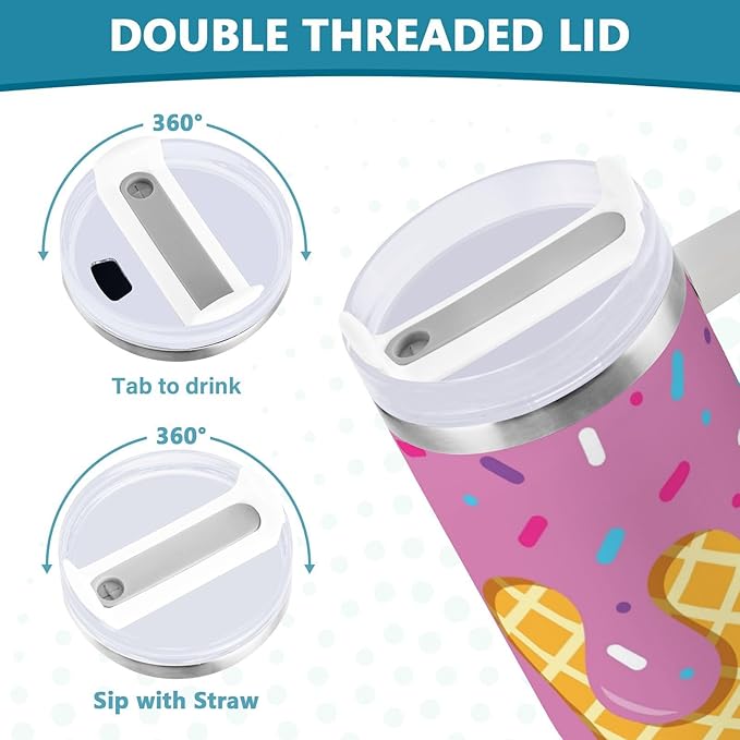 Boccsty Waffle Ice Cream Cone Pink Insulated Tumblers Reusable Stainless Steel Tumbler 30 oz Cup Coffee Travel Mug Water Bottle with Handle & Flip Straw for Home Office Car