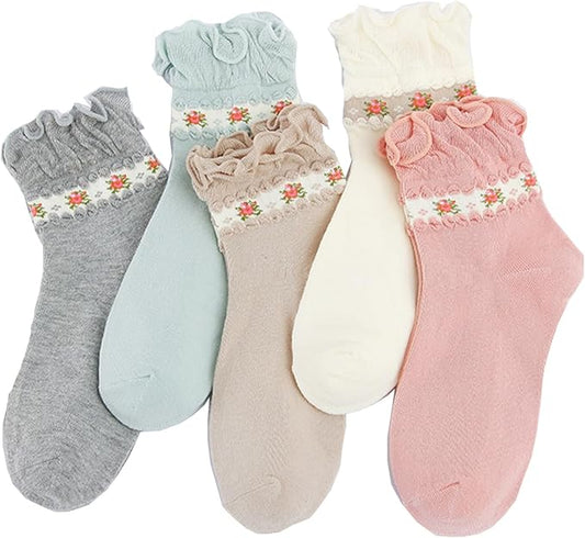 Benefeet Sox Womens Girls Ruffle Crew Socks Novelty Cute Frilly Dress Socks Cotton Lettuce Trim Turn-Cuff High Ankle Sock