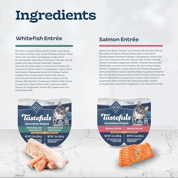 Blue Buffalo Tastefuls Spoonless Singles Whitefish/Tuna & Salmon Wet Cat Food Pate Variety Pack 2.6 oz. Count of 12