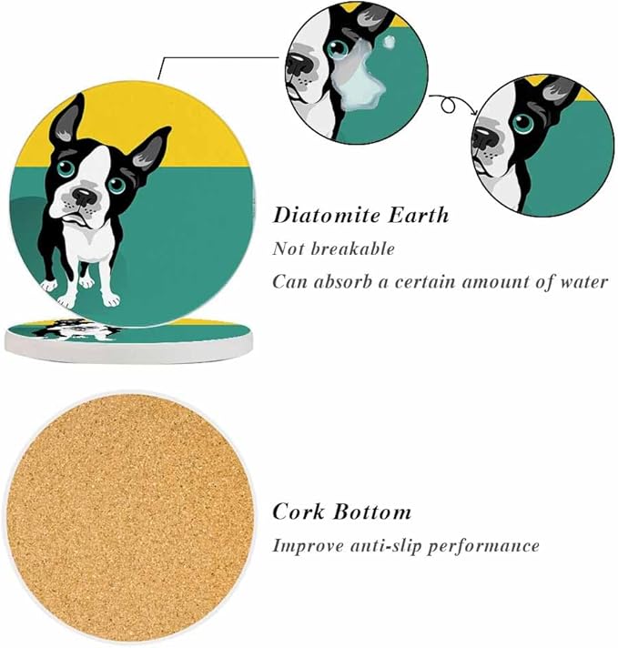 Boston Terrier Dog Coasters for Drinks Absorbent Ceramic Drink Coaster for Coffee Wooden Table Home Decor Set of 2