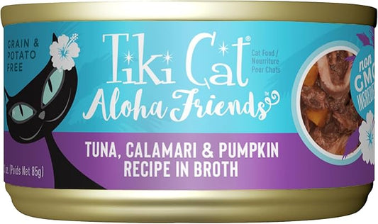 Tiki Cat Aloha Friends, Tuna, Calamari & Pumpkin, Grain-Free & High Moisture, Wet Cat Food for All Life Stages 3 oz. Cans (Pack of 12)