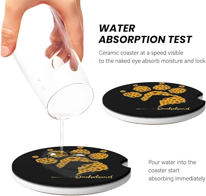 Absorbent Ceramic Car Coasters for Cup Holders, Dachshund Sunflower Dog Paw Design 2.56" Anti Slip Universal Drink Cup Coasters for Women Men (2 Pack)