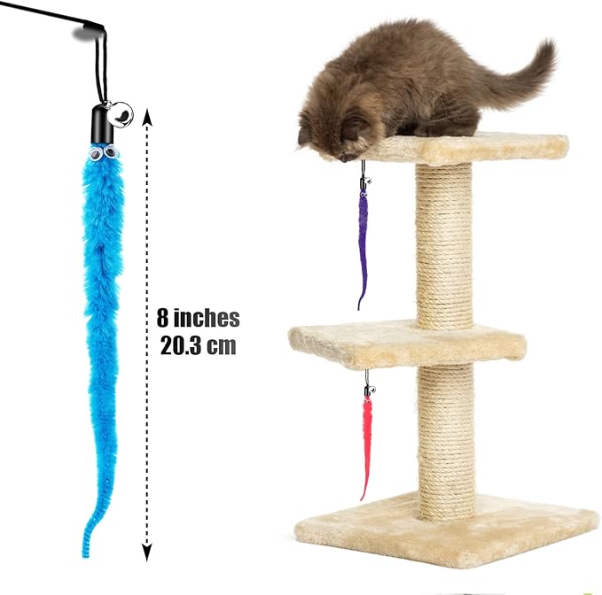 cobee 12pcs Cat Worm Toy Refills, Cat Wand Toy Replacement Refills Furry Tail Worm with Bells Assorted Cat Interactive Toy Refills with Bell for Cat Kitten Worm Refills Attachment for Cat Wand