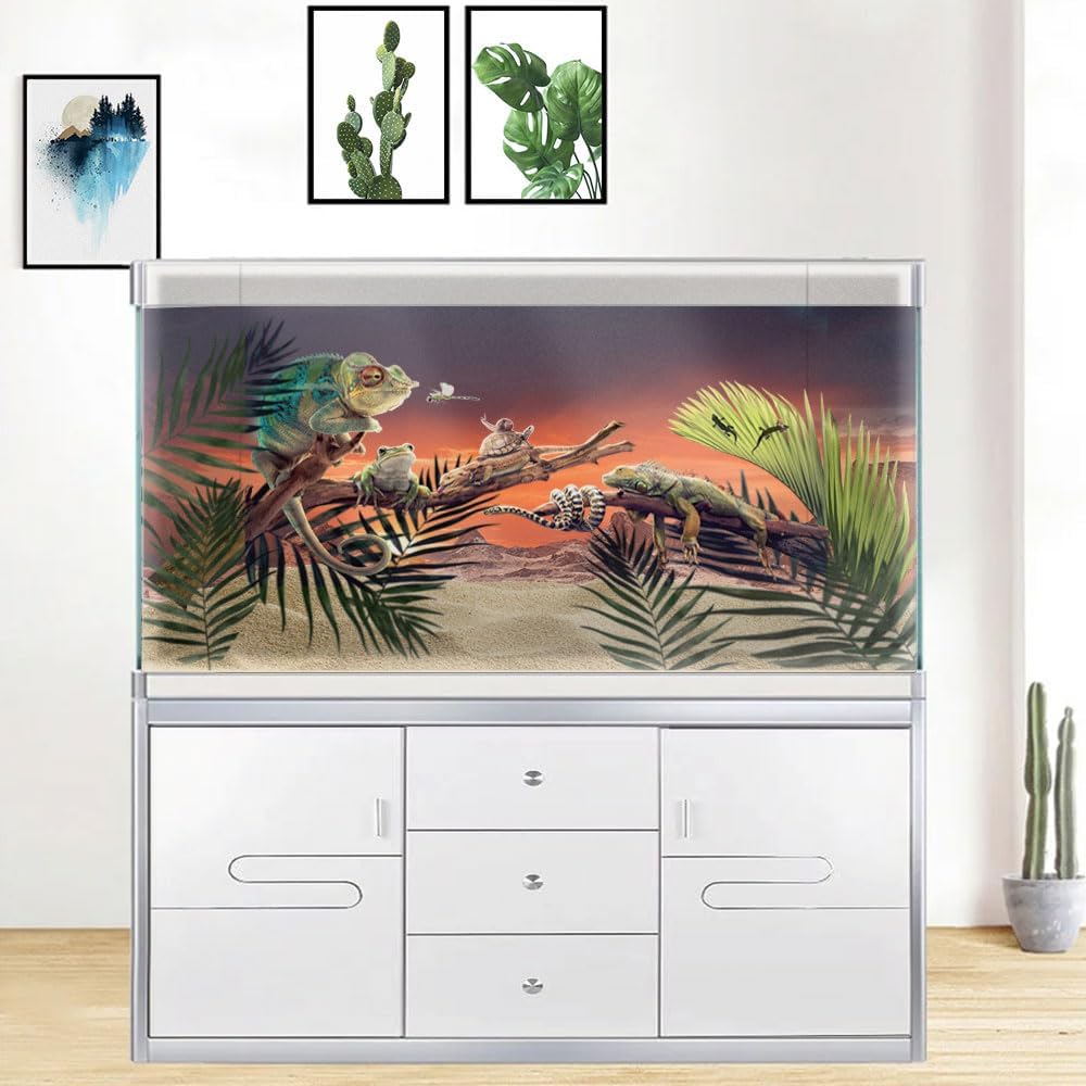72X16IN Sun and Desert Moon Themed Reptile Habitat on Orange Durable Decorative Background, Terrarium Background with 10EVA Double-Sided Tape