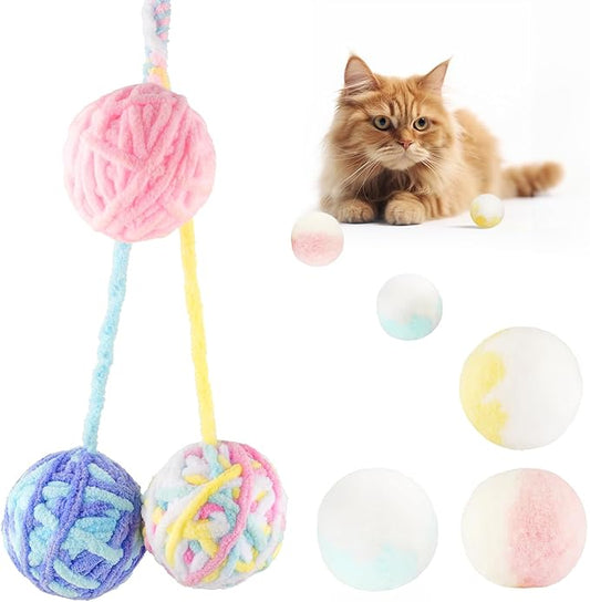 TUSATIY 9PCS Cat Ball Toy, Multi-Colored Cat Fuzzy Balls & Woolen Yarn Cat Toy Balls with Bell Inside, Soft Interactive Cat Toys for Indoor Cats Self Play