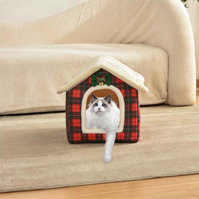Christmas Cat Bed for Indoor Cats Plaid Christmas Cat Tent Cat Bed Cave for Pets Cats and Dogs (L (20.5 X 17 X 19.7 Inch))