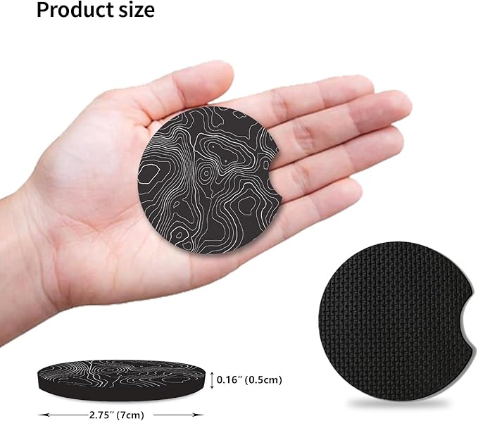Black Contour Map Cute Cup Holder Coasters,Car Coasters for Cup Holders,Cute Car Accessories for Women Interior, 2 Pack Absorbent Universal Neoprene Car Coasters with Finger Slot