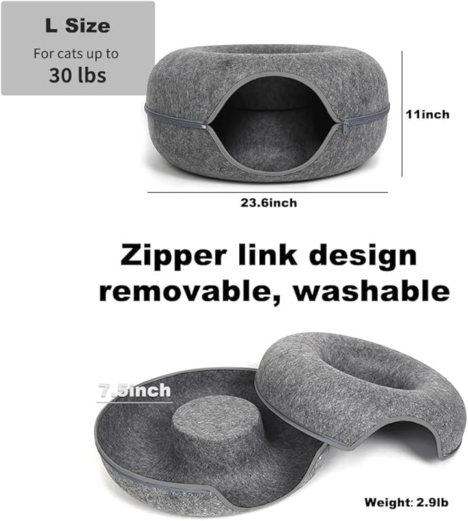 Large Cat Tunnel Bed for Indoor Cats with 3 Toys, Scratch Resistant Donut Cat Bed, Up to 30 Lbs (L 24x24x11, Dark Grey)