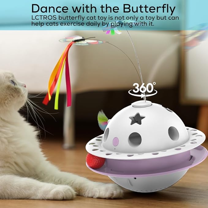 Interactive Cat Toys for Indoor Cats 4 in 1, Flying Butterfly, Shooting Feather, Catnip Balls, Automatic Kitten Toy, Dual Power Supplies & Stylish Design, Indoor Exercise Best Toy (Pink)