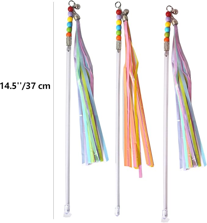 Cat Wands, 3 PCS Interactive Cat Toys with Rainbow Tassel and Bell Handcrafted Cat Tinsel Wand for Indoor Cats Kitten Play Chase Exercise