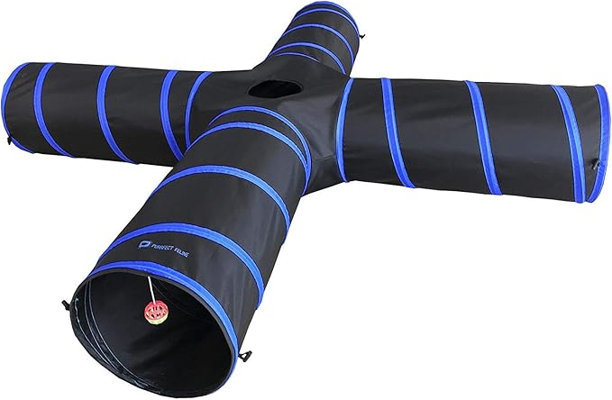 Purrfect Feline - 4 Way Cat Tunnel and Crinkle Cat Toy - Interactive Cat Toy with Cat Ball - Cat Supplies for Indoor Cats - Suitable for Ferrets, Rabbits or Small Dogs - Dark Blue - L