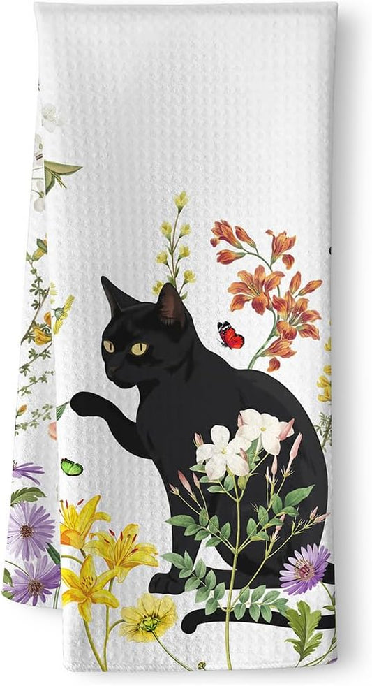 Cat Towel,Floral Kitchen Towels,Cat Kitchen Towels,Cat Dish Towels,Cat Hand Towel,Funny Kitchen Towels,Black Cat Gifts for Women,Cat Kitchen Accessories,Cat Lady Gifts,Gifts for Cat Lovers for Women